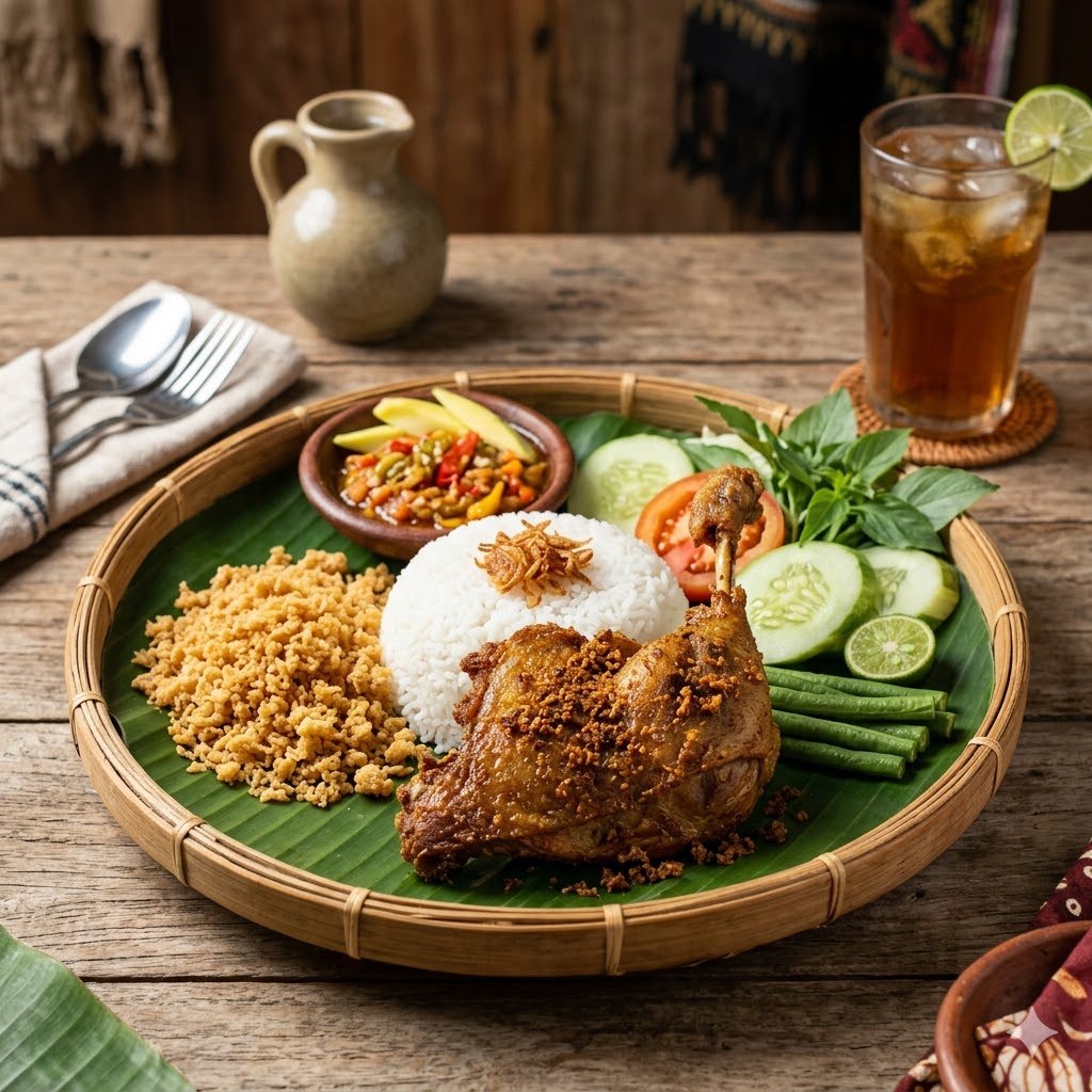 Menu Bebek Sinjay dengan bebek goreng, kremes, dan sambal pencit